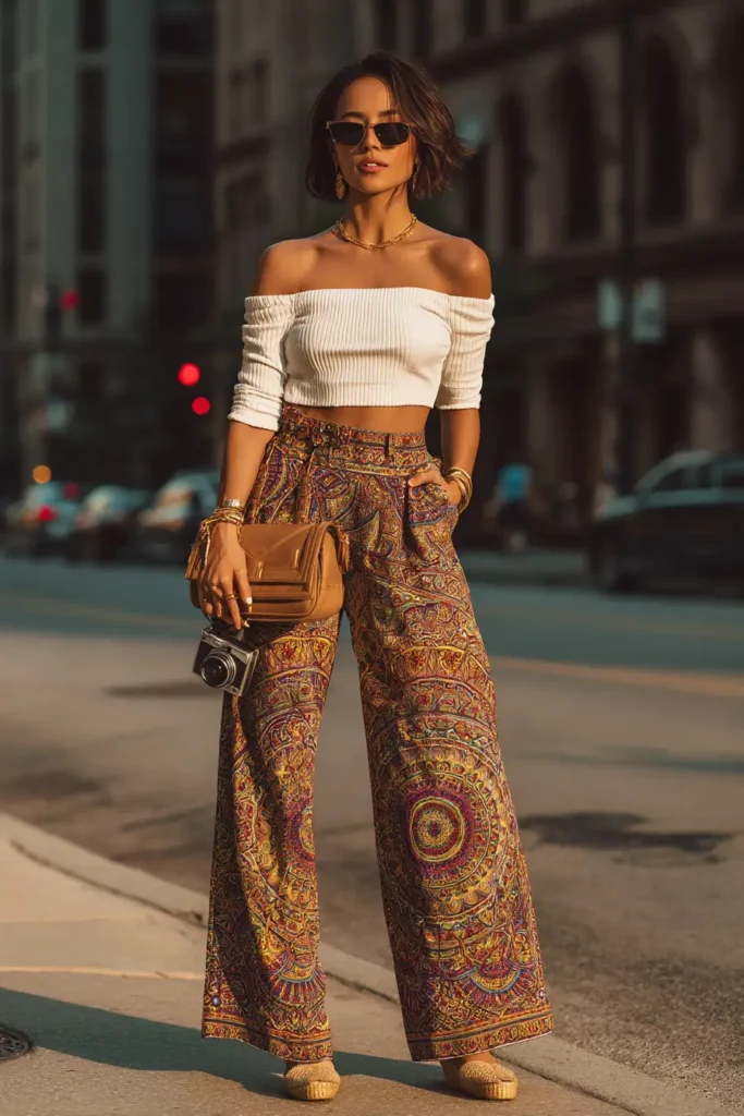 #3. Off-Shoulder Crop Top with Printed Boho Trousers
