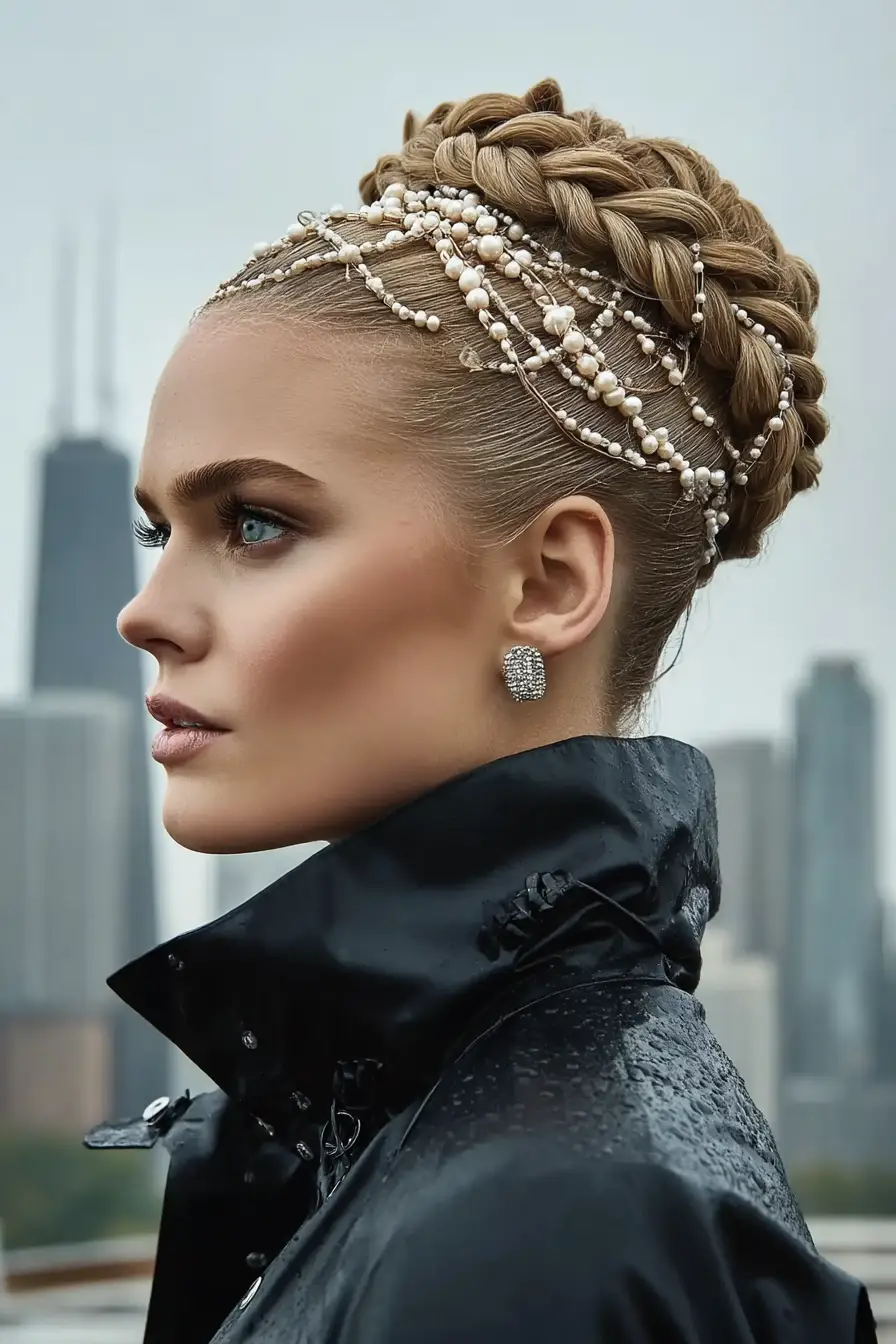 21 Sleek Rainy-Day Hairstyles: Easy Ways to Tame the Frizz 4 #3. Pearl-Wrapped Crown Braid Updo