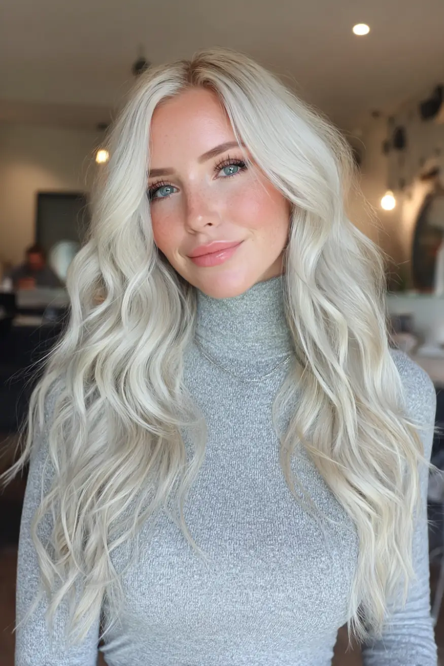 22 Bold Platinum Blonde Bob Hairstyles: Fresh and Fierce Ideas for a Standout Look 4 #3. Platinum Waves with Middle Part and Soft Shine