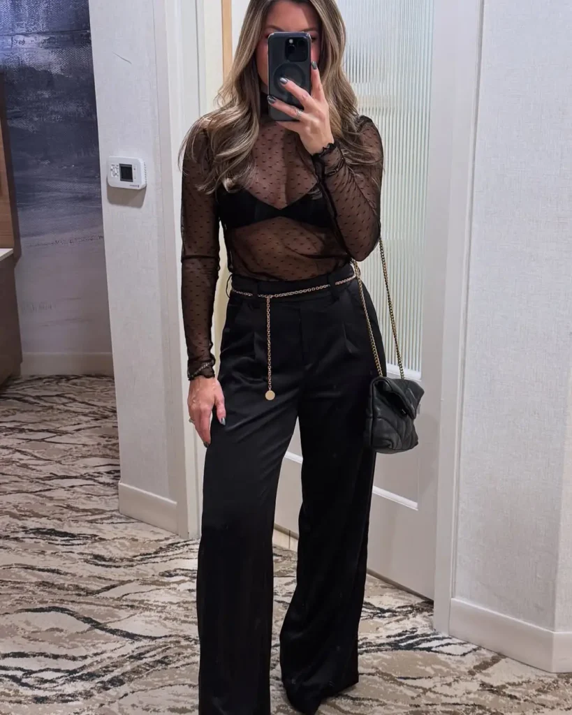 #3. Sheer Mesh Top with Tailored Wide-Leg Trousers
