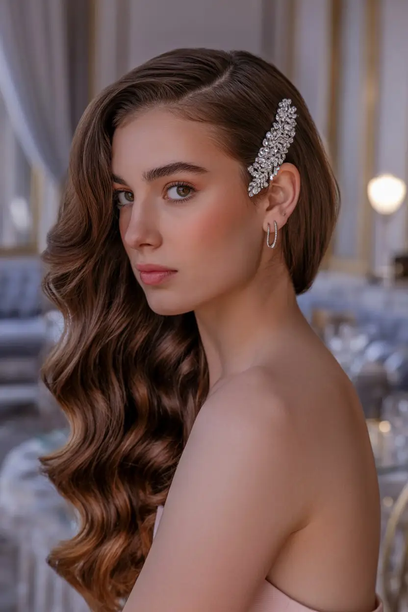 #3. Sleek Side-Swept Waves with a Crystal Hairpin Accent