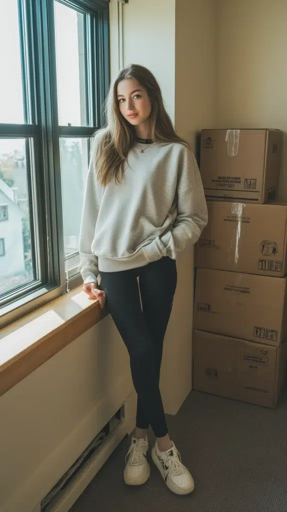 #3. Slouchy Heather Sweatshirt with Black Leggings and Chunky Sneakers