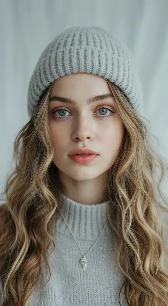 20 Chic Beanie Hairstyles: Fashionable Pairings for Cold-Weather Days 4 #3. Soft Curls with Frosted Gray Beanie