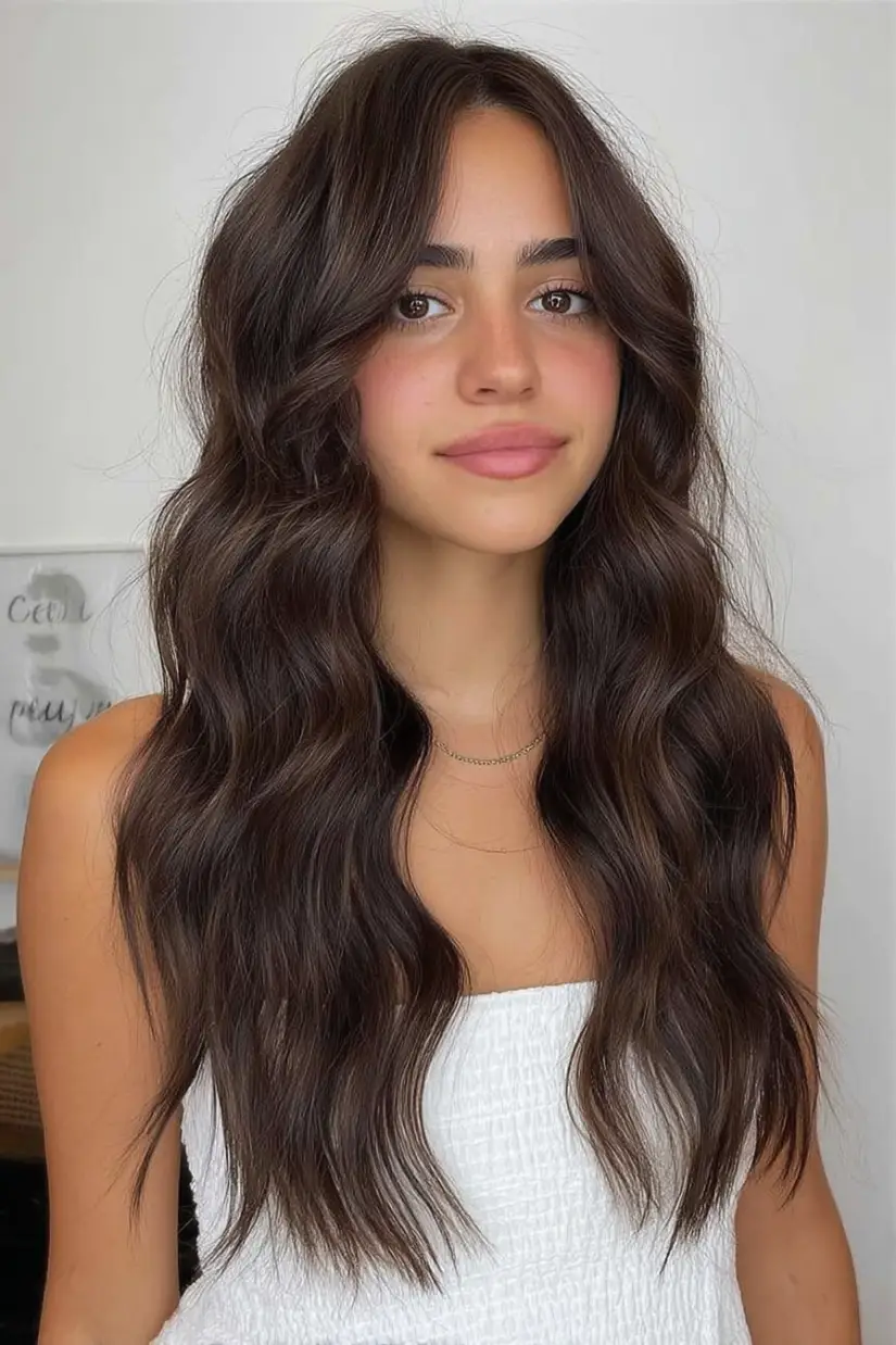 #3. Soft Waves with Curtain Bangs on Glossy Brunette Hair