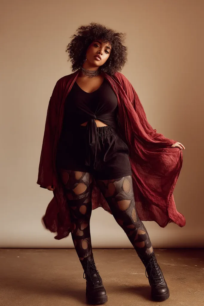 #4. Burgundy Drape with Cutout Tights and Combat Boots