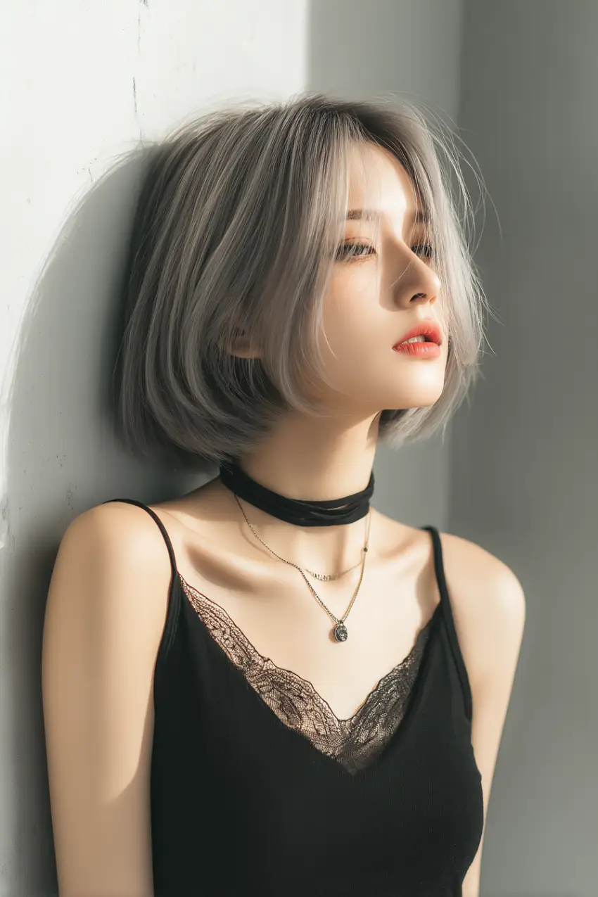 24 Striking Brown Hair with Silver Highlights Ideas: Sophisticated Looks to Refresh Your Style 5 #4. Chic Brown Bob with Silver Ash Tones