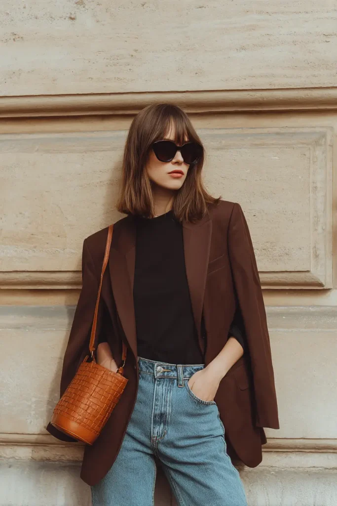 #4. Chocolate Oversized Blazer with Black Tee and Vintage Blue Denim
