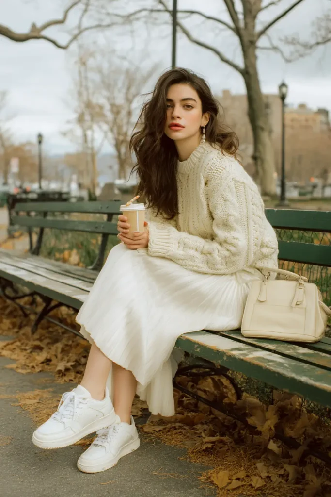 20 Preppy Outfit Ideas for a Polished Travel Wardrobe 5 #4. Cream Cable Knit and Pleated Midi – Soft Preppy Layers for a Chilly Day