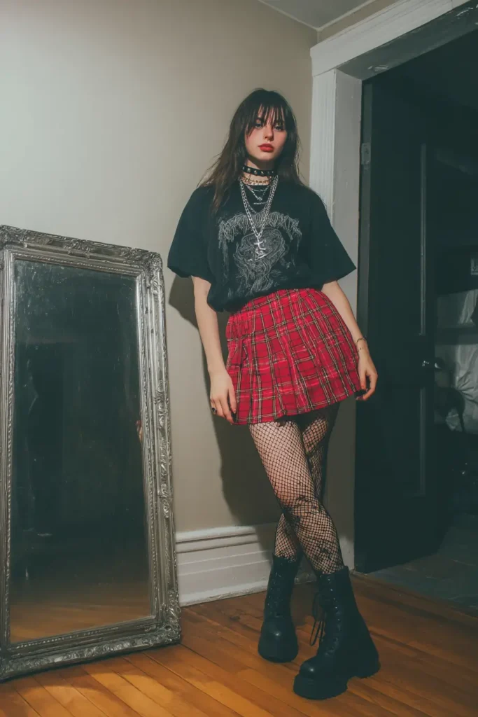 #4. Graphic Band Tee with Plaid Skirt and Fishnets