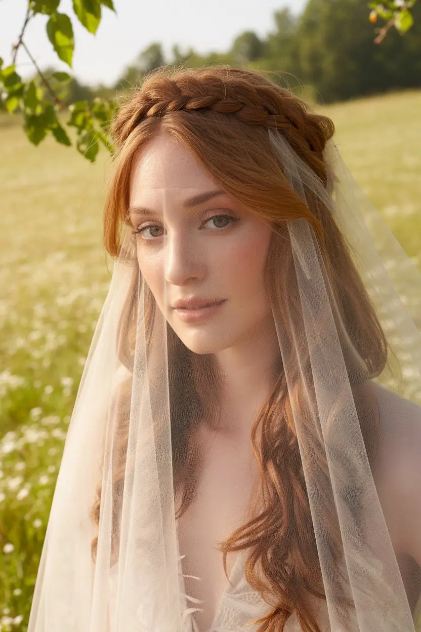15 Ethereal Wedding Hairstyles With Veil: Soft and Stunning Bridal Inspirations 5 #4. Half-Up Braided Crown with Blusher Veil