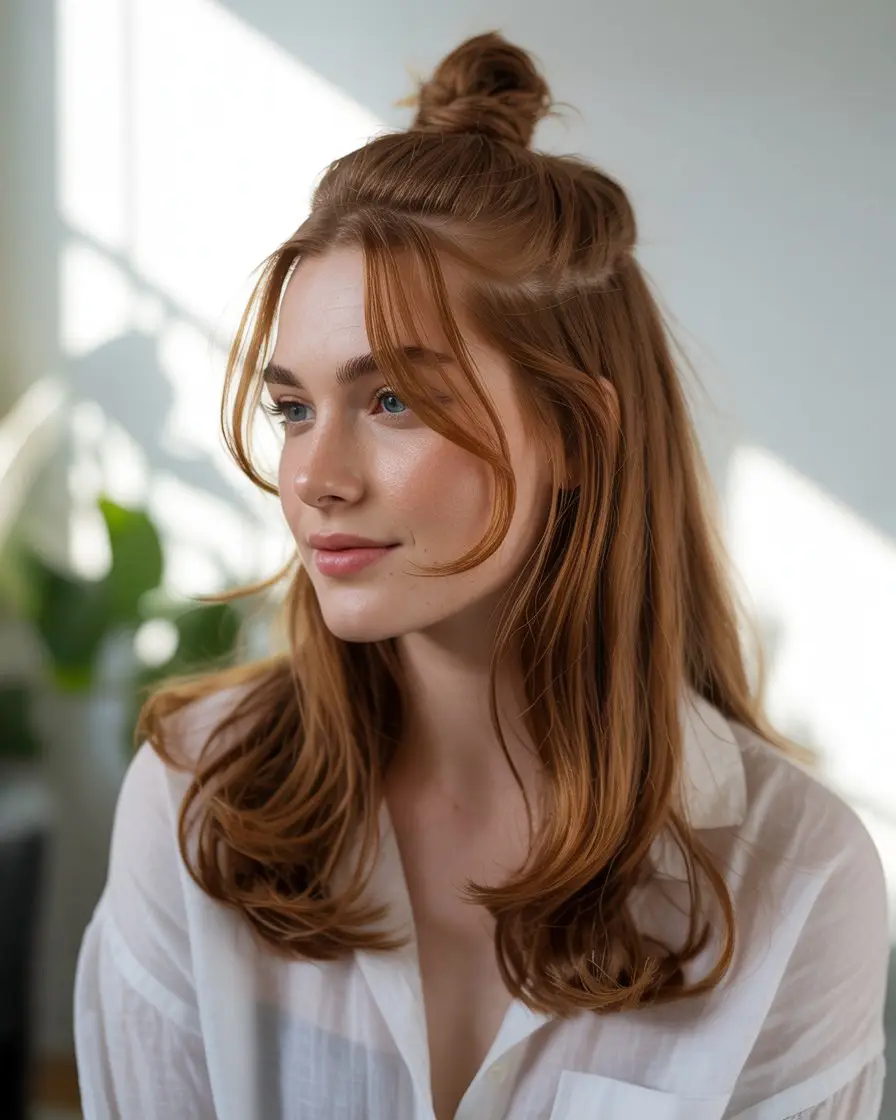 19 Clever Hairstyles For Greasy Hair: Quick Fixes That Still Look Fresh 5 #4. Half-Up Top Knot with Face-Framing Layers