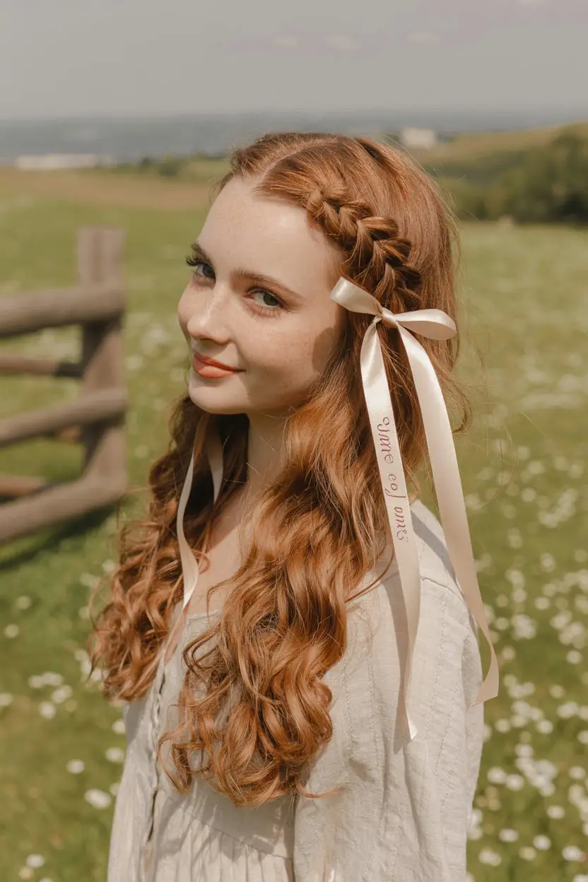 #4. Loose Milkmaid Braids with Ribbon Weaves