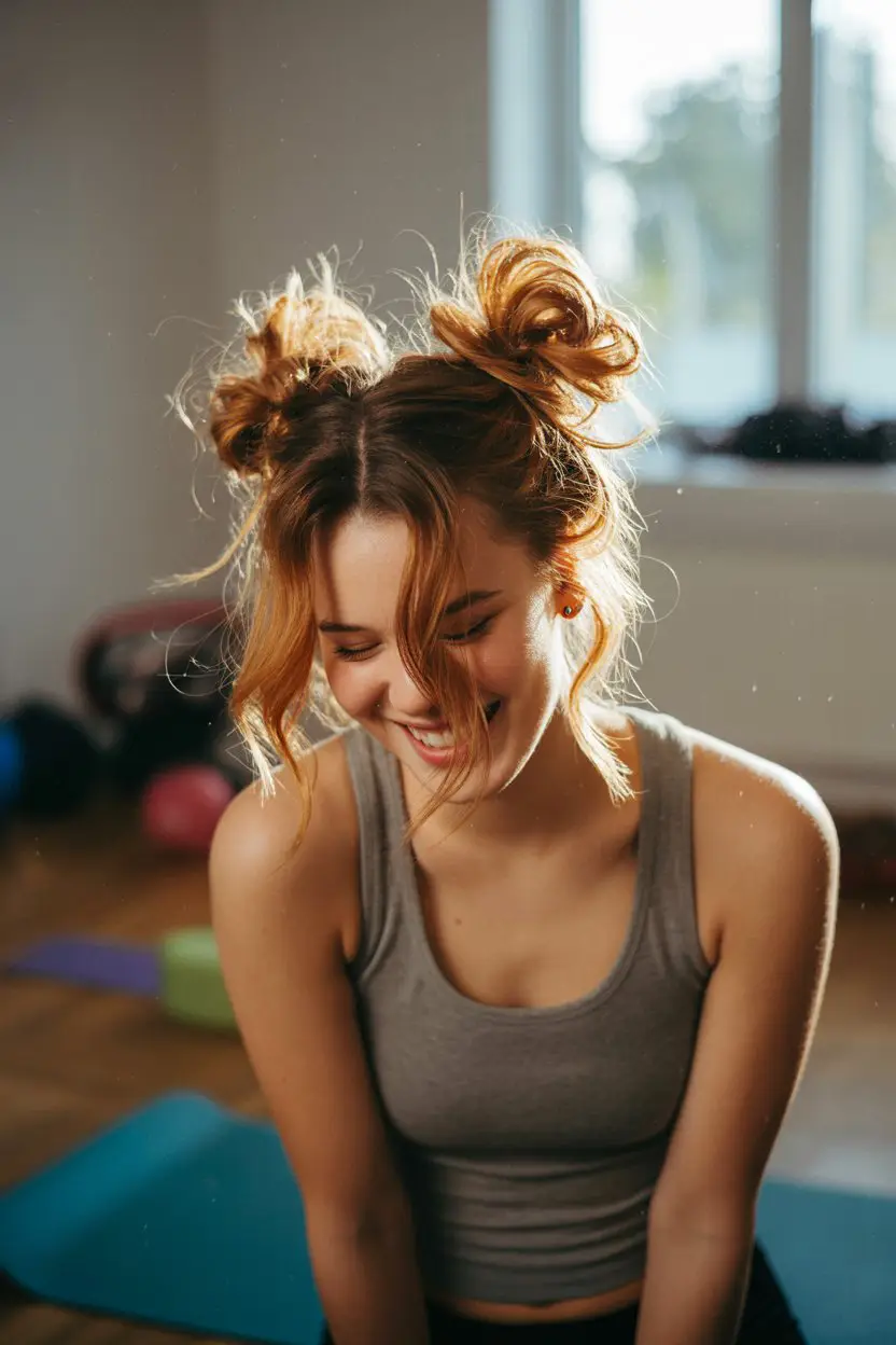 18 Relaxed Yoga Hairstyles: Low-Maintenance Styles with a Calm and Comfy Vibe 5 #4. Messy Space Buns for Playful Energy
