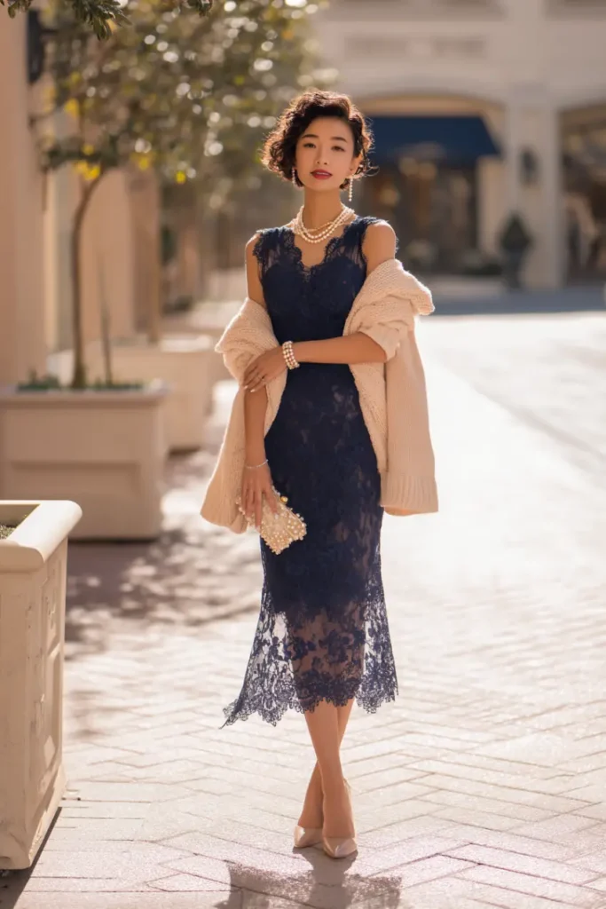 20 Graceful Church Outfit Ideas: Chic and Respectful Styles to Inspire 5 #4. Navy Lace Midi with Pearl Details – Vintage Poise for Sacred Gatherings