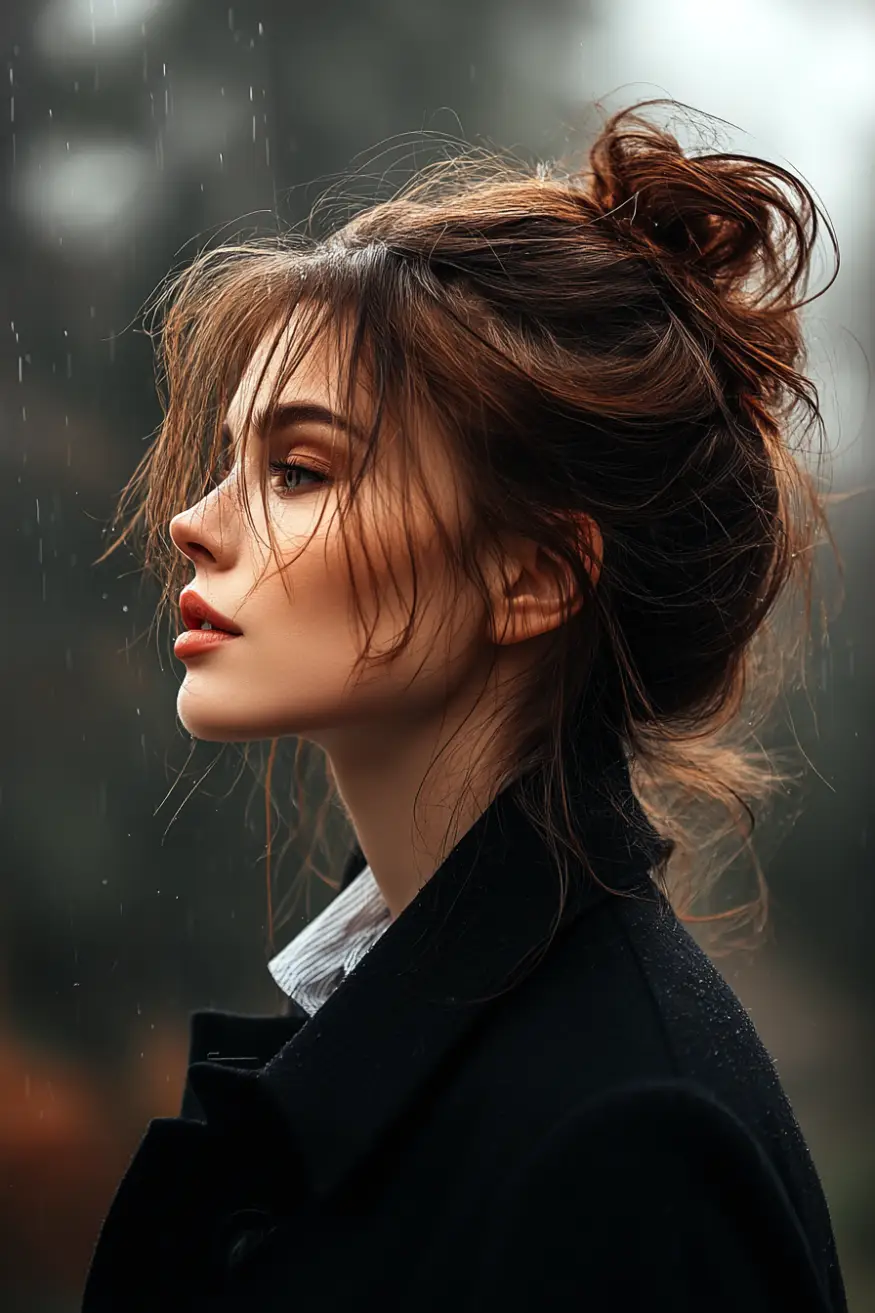 21 Sleek Rainy-Day Hairstyles: Easy Ways to Tame the Frizz 5 #4. Rain-Kissed Textured Bun with Windswept Fringe
