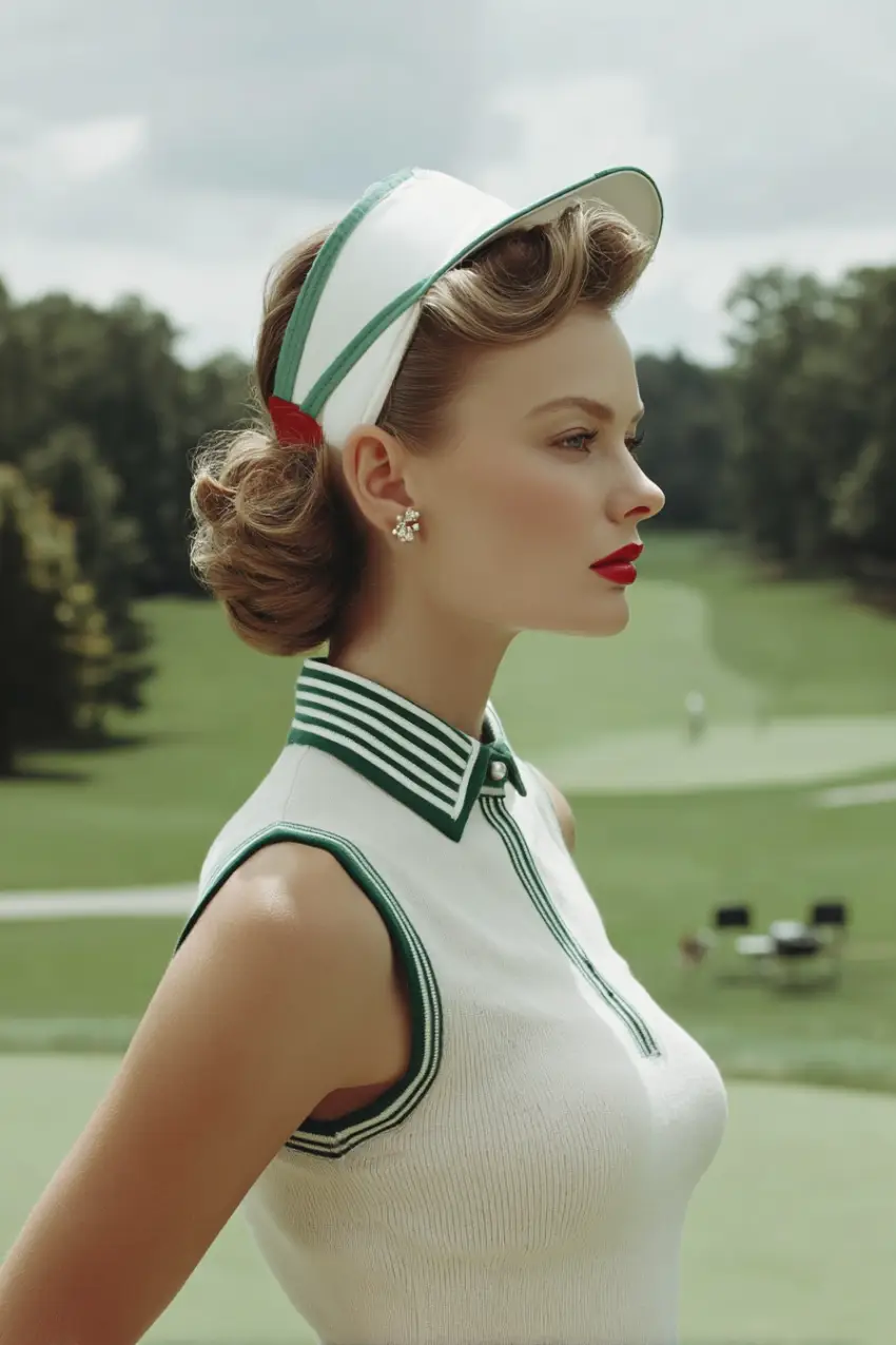 30 Sleek Golf Hairstyles: Polished and Practical Styles for Game Day Glam 5 #4. Retro Pin Curl Updo with Classic Visor