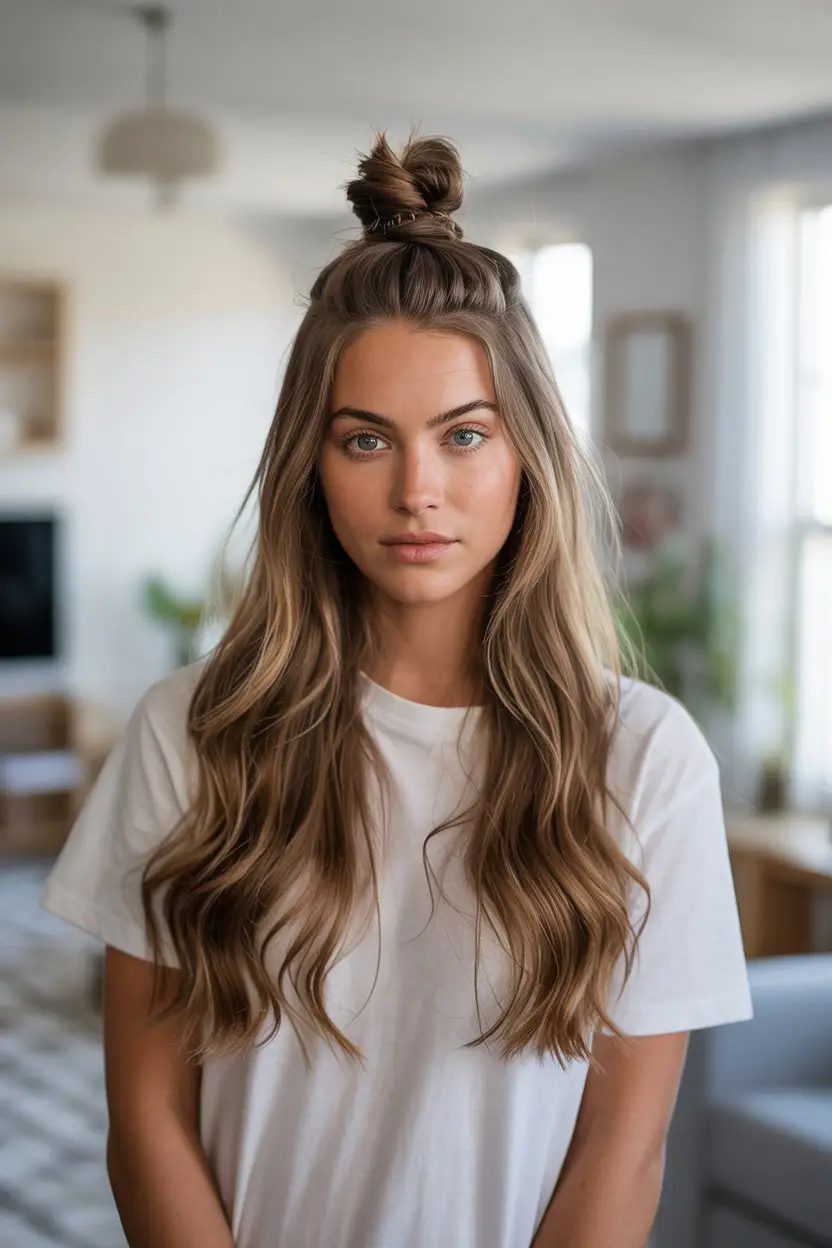 17 Stylish Vacation Hairstyles: Chic and Easy Options for Getaways 5 #4. The Half-Up Top Knot for Quick Style