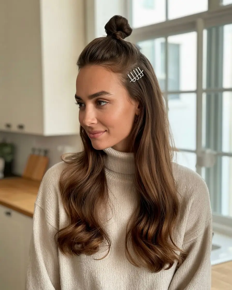 18 Soft Postpartum-Friendly Hairstyles: Gentle Styles That Embrace the Journey of New Motherhood 5 #4. The Half-Up Top Knot