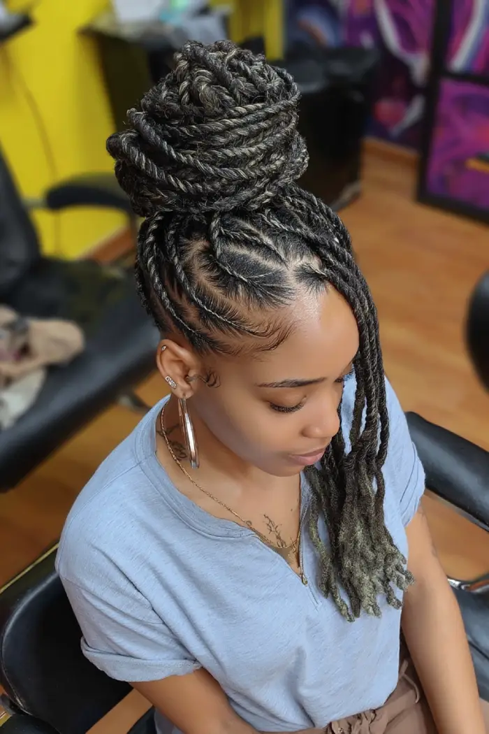 19 Creative Locs Hairstyles: Statement-Making Styles to Try Now 5 #4. Twisted Locs High Bun with Side Drop Detail