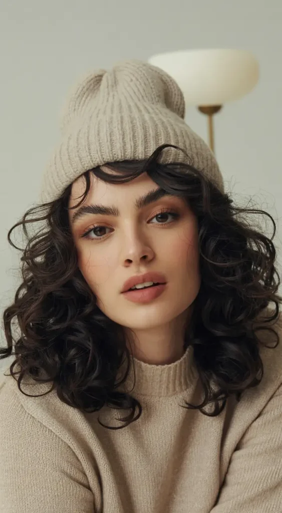 20 Chic Beanie Hairstyles: Fashionable Pairings for Cold-Weather Days 5 #4. Voluminous Curls with Cozy Taupe Beanie