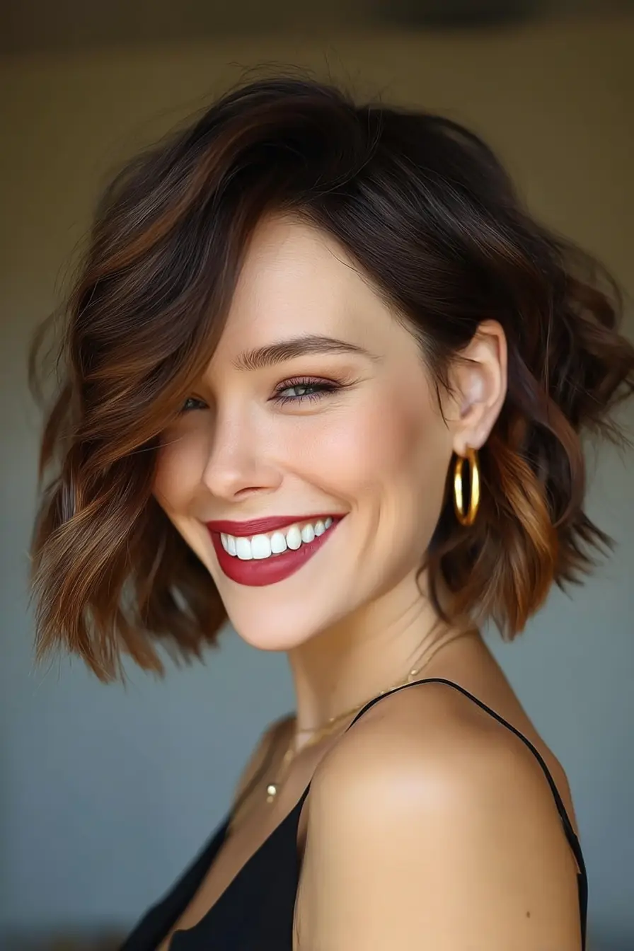 19 Flattering Hairstyles for Fine Hair: Volume-Boosting Looks That Feel Effortless 5 #4. Wavy Brunette Bob with Side-Swept Layers