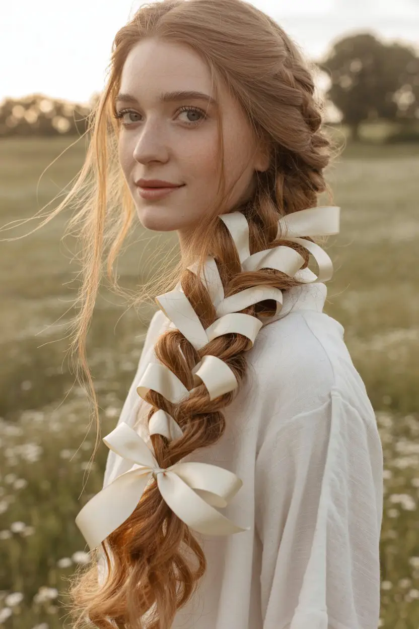 16 Graceful Wedding Hairstyles For Long Hairs: Picture-Ready Styles for Long Locks 6 #5. Boho Fishtail Braid with Ribbon Weaves