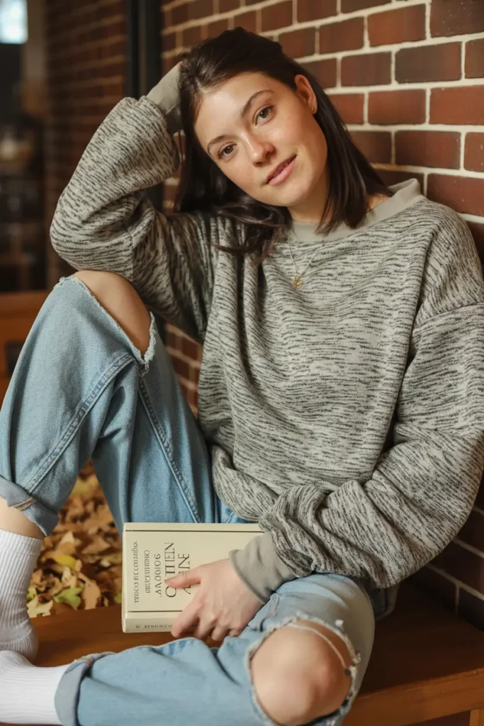 #5. Cozy Fleece Pullover with Distressed Boyfriend Jeans