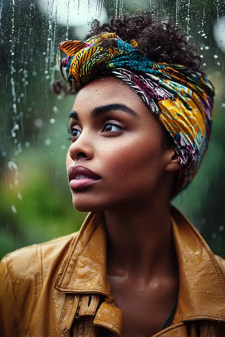 21 Sleek Rainy-Day Hairstyles: Easy Ways to Tame the Frizz 6 #5. Curly Top Wrap with Bold Printed Headscarf
