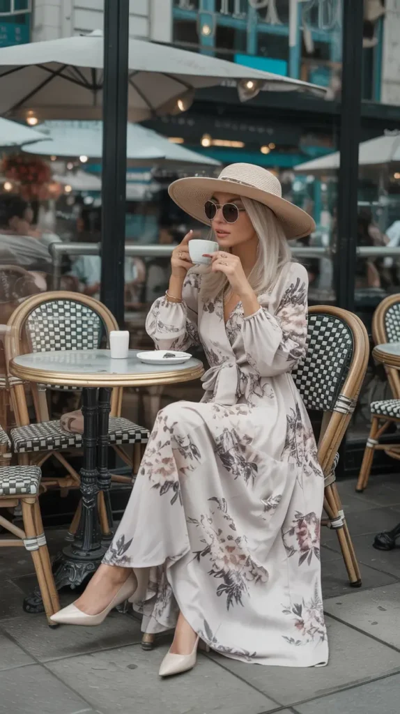 #5. Floral Wrap Maxi with Wide-Brim Chic