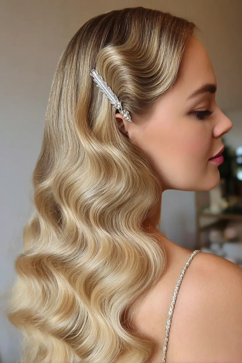 #5. Glamorous Hollywood Waves with Rhinestone Clip