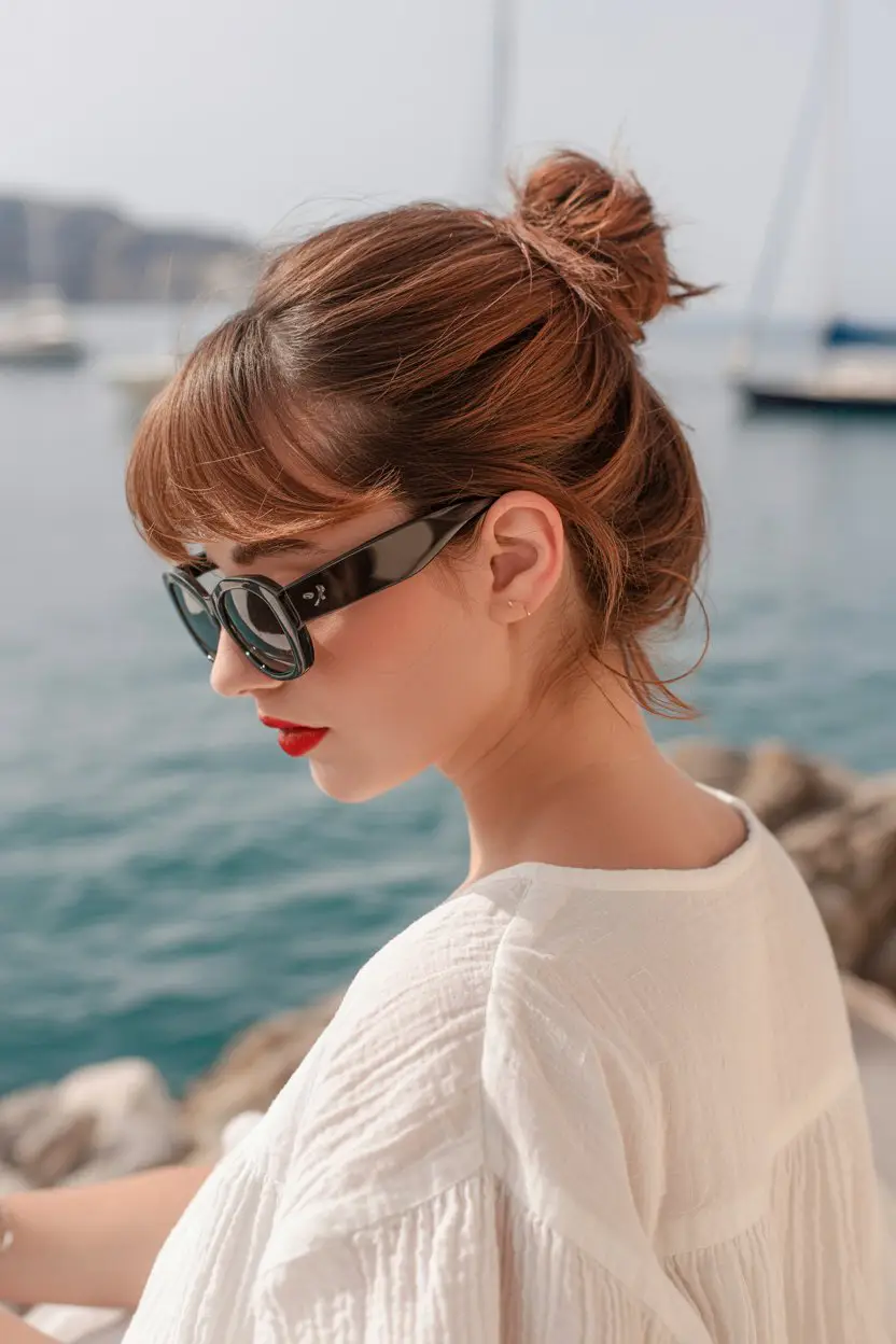 17 Stylish Vacation Hairstyles: Chic and Easy Options for Getaways 6 #5. Low Messy Bun with Face-Framing Tendrils