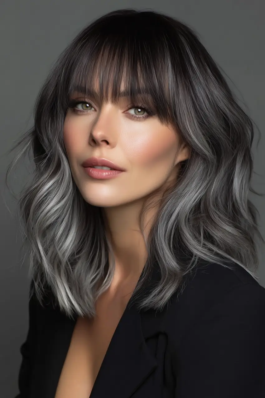 24 Striking Brown Hair with Silver Highlights Ideas: Sophisticated Looks to Refresh Your Style 6 #5. Midnight Brown Waves with Smoky Silver Ends and Fringe
