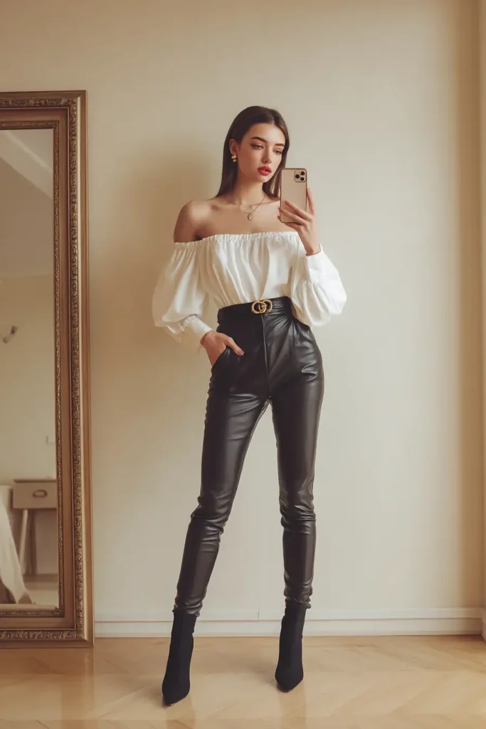 #5. Off-Shoulder Puff Sleeve Blouse with High-Waisted Leather Pants