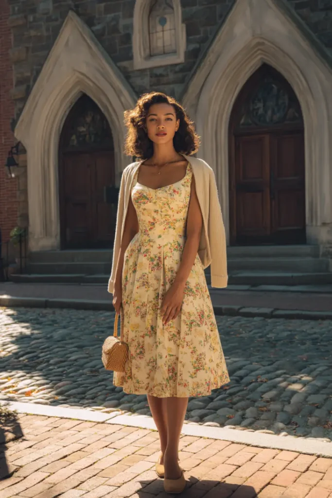 20 Graceful Church Outfit Ideas: Chic and Respectful Styles to Inspire 6 #5. Pastel Floral Midi with Cardigan – Sunday Charm in Full Bloom
