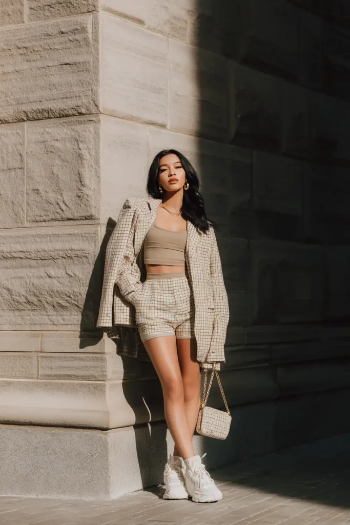#5. Plaid Short Suit with Taupe Crop Top and Chunky Sneakers