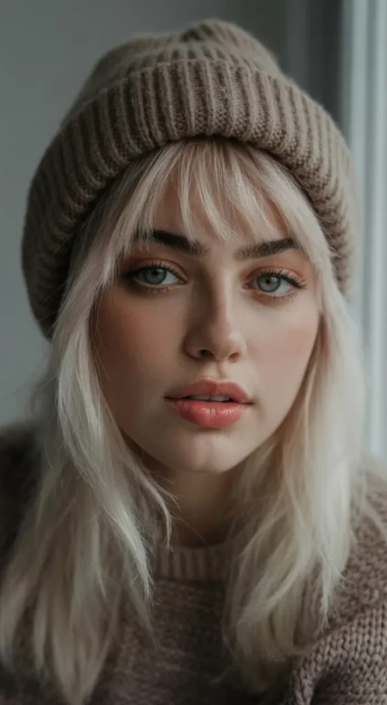 20 Chic Beanie Hairstyles: Fashionable Pairings for Cold-Weather Days 6 #5. Platinum Layers with Chunky Knit Beanie
