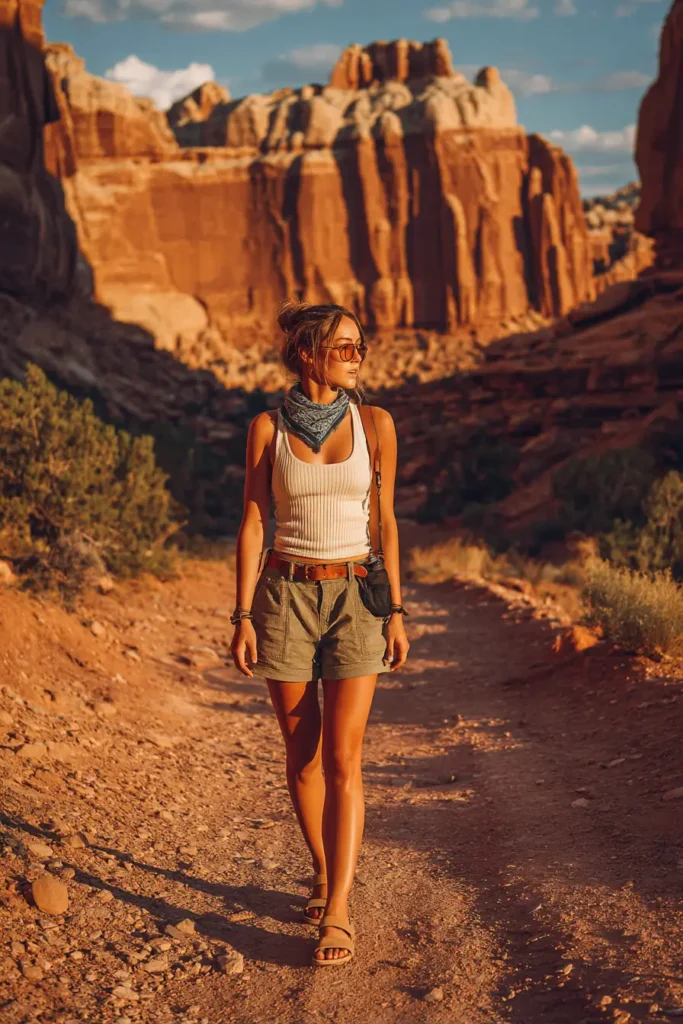 #5. Ribbed Tank with Belted Cargo Shorts and Sunset Bandana