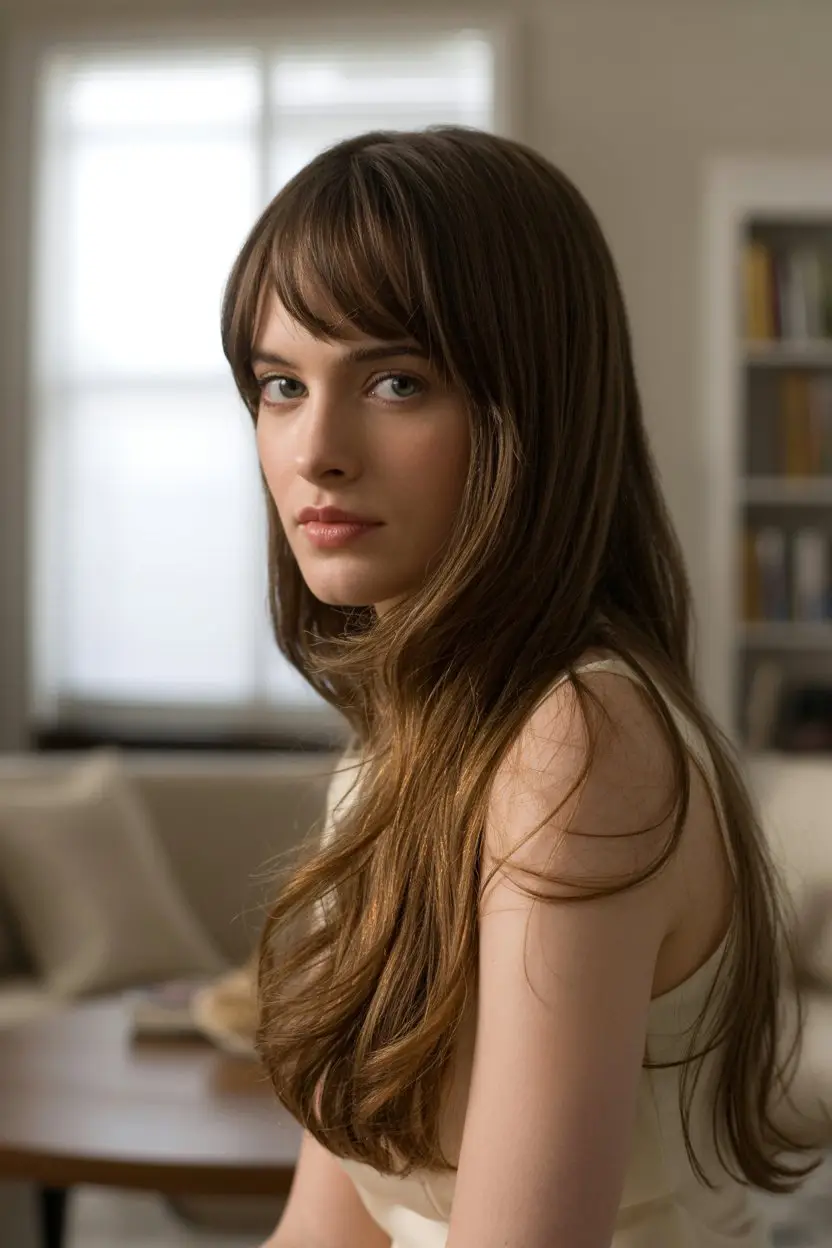 #5. Side-Swept Bangs with Long Layers