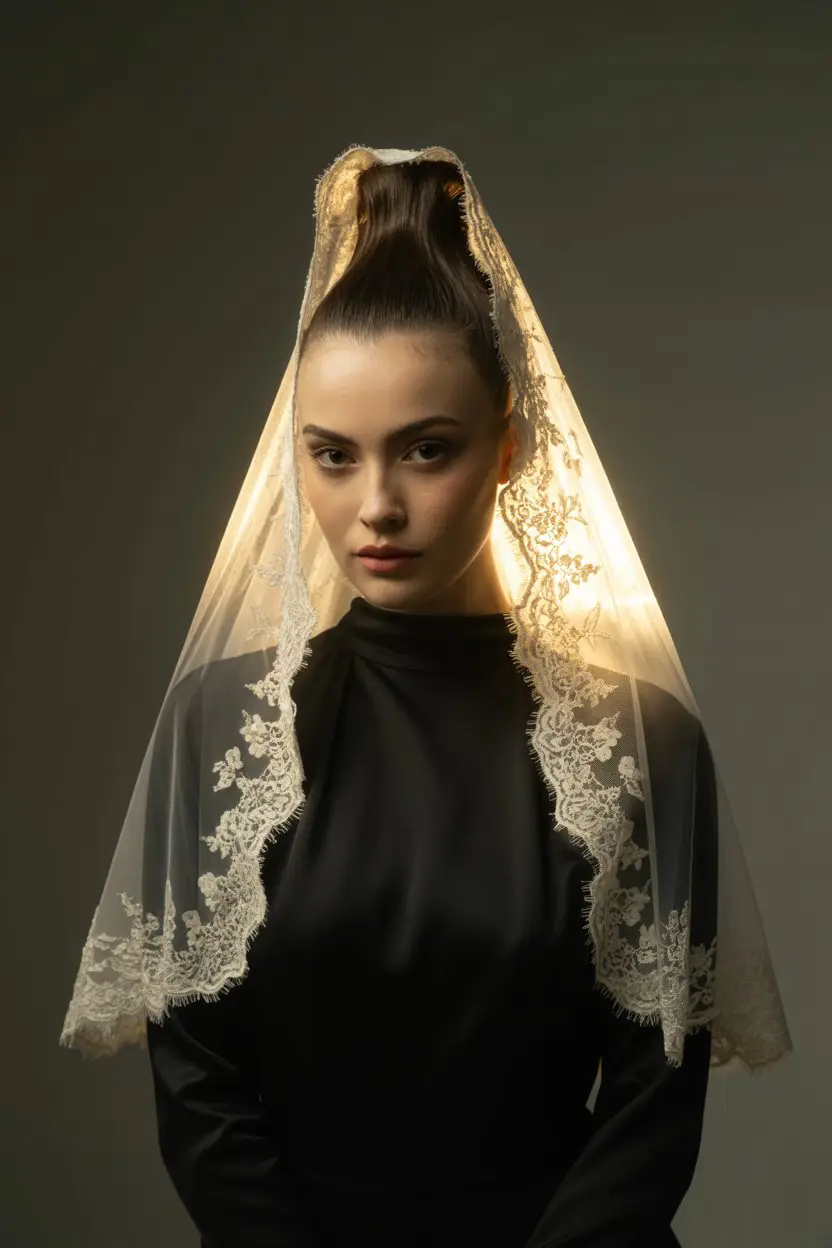 15 Ethereal Wedding Hairstyles With Veil: Soft and Stunning Bridal Inspirations 6 #5. Sleek High Ponytail with Mantilla Veil
