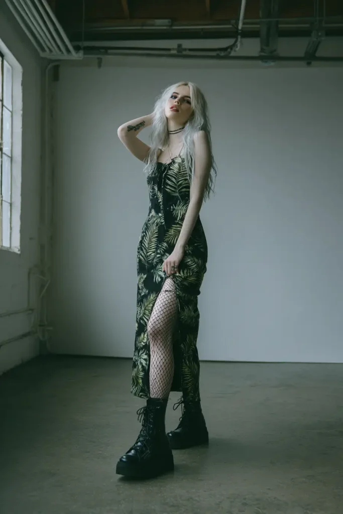 #5. Slit Palm Print Dress with Fishnet Tights and Platform Boots