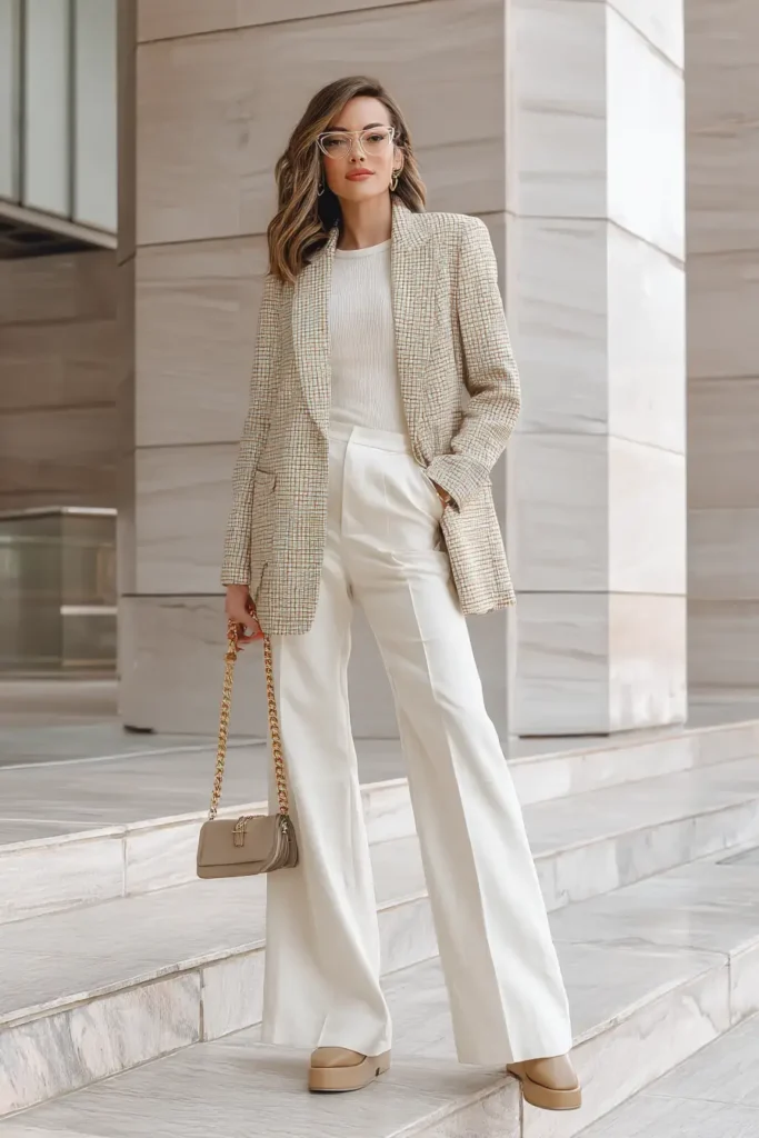 #5. Tweed Oversized Blazer with Ribbed Knit Top and Flared Trousers