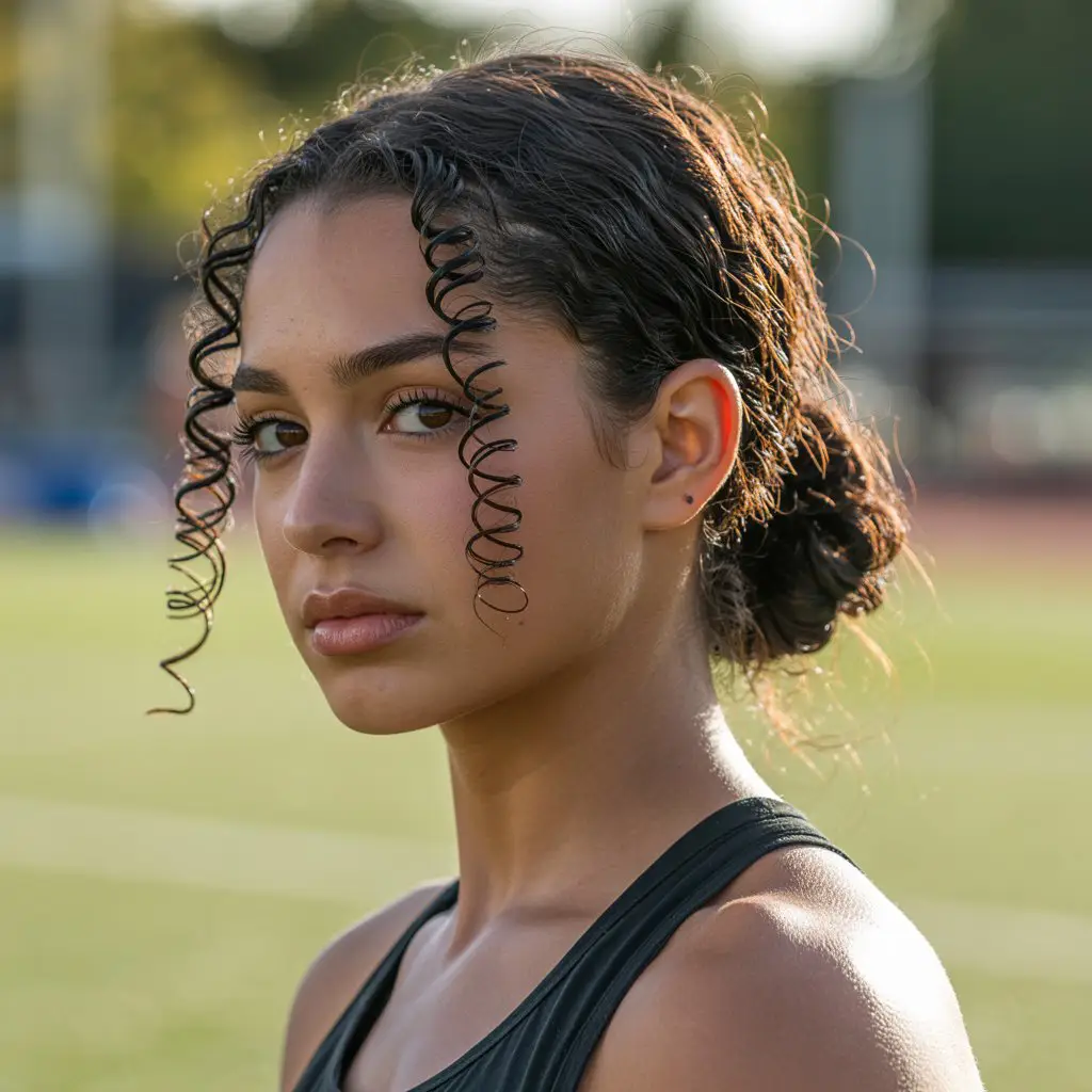 17 Sporty Curly Lacrosse Hairstyles: Game-Ready Looks with Flair 6 #5. Twisted Low Bun with Curly Tendrils