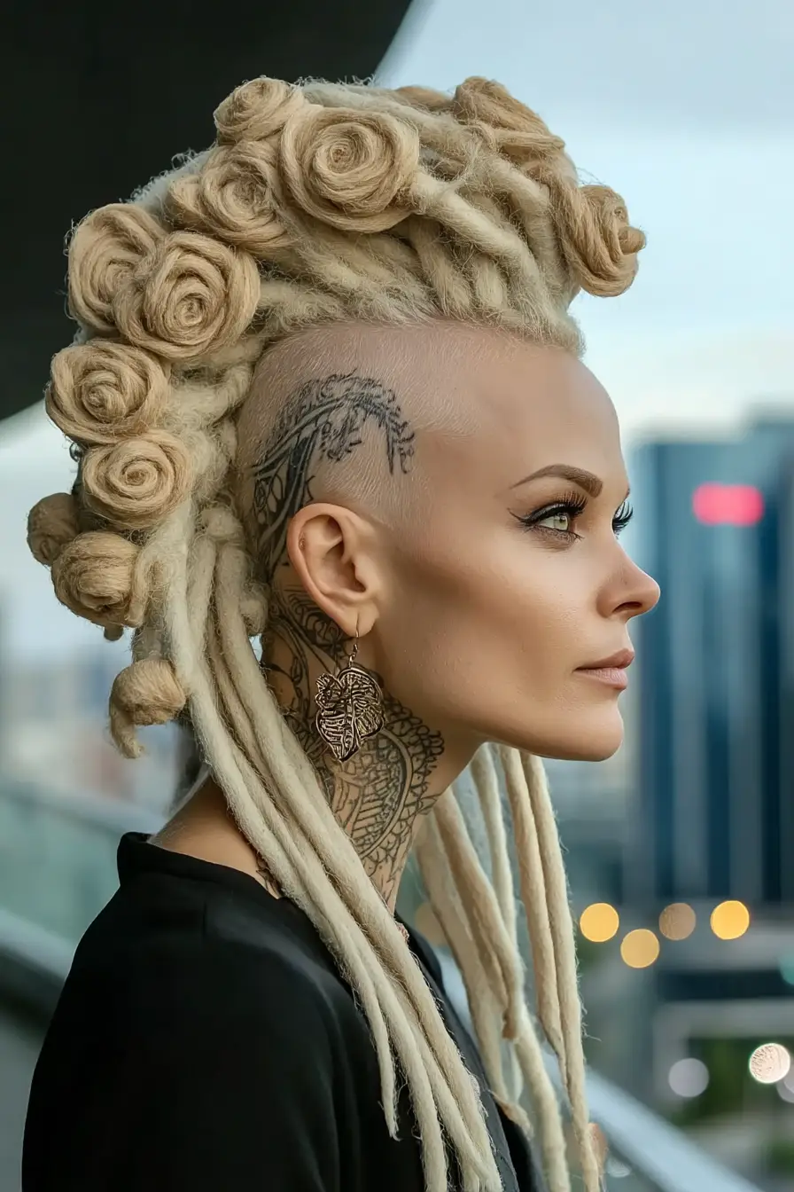 19 Creative Locs Hairstyles: Statement-Making Styles to Try Now 7 #6. Blonde Locs Mohawk with Sculpted Rose Buns