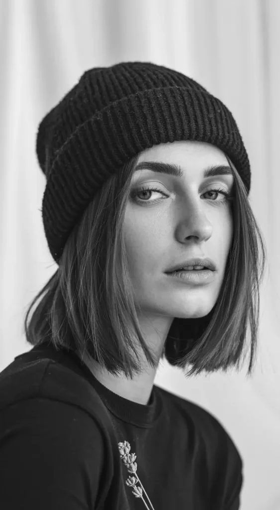 20 Chic Beanie Hairstyles: Fashionable Pairings for Cold-Weather Days 7 #6. Blunt Bob with Monochrome Beanie Mood