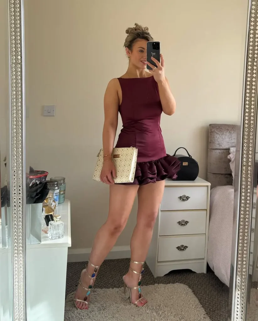 20 Preppy Outfit Ideas for a Polished Travel Wardrobe 7 #6. Burgundy Mini with Sculpted Ruffles – Bold Preppy for Glam Evenings