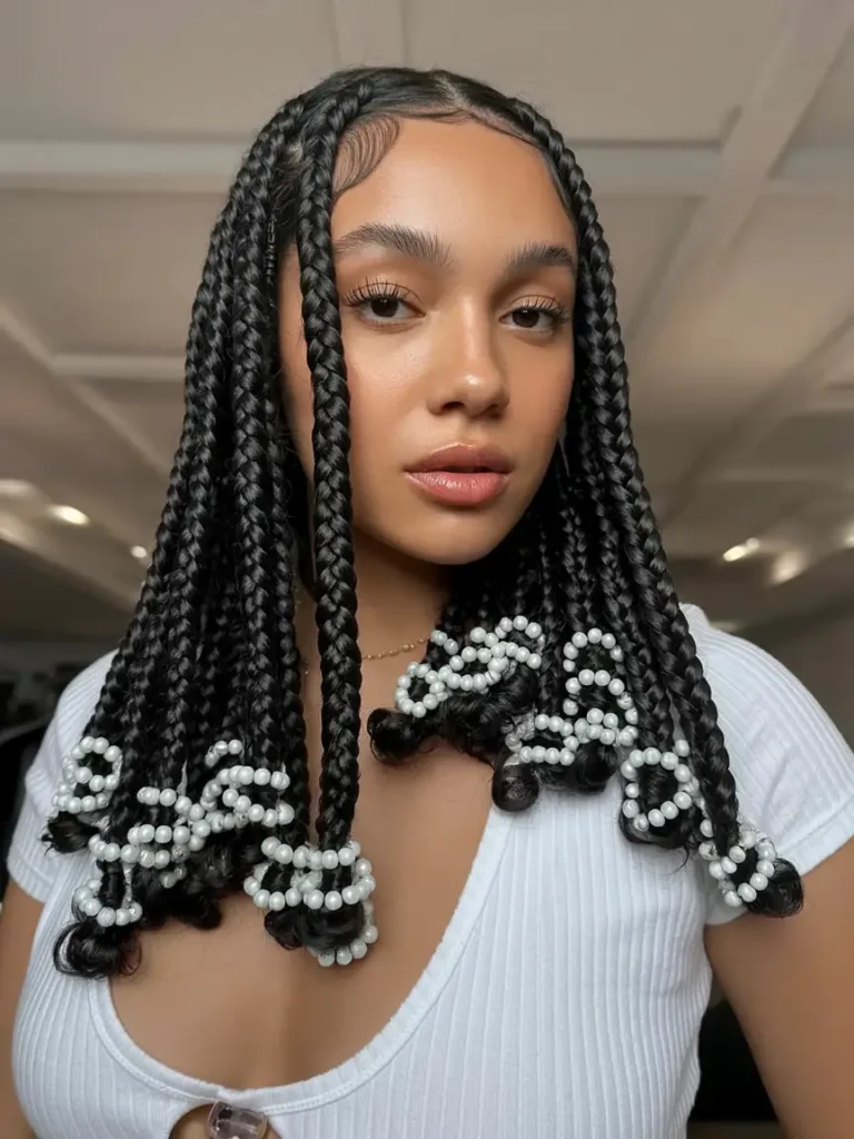 #6. Chin-Length Box Braids with Pearl Bead Accents