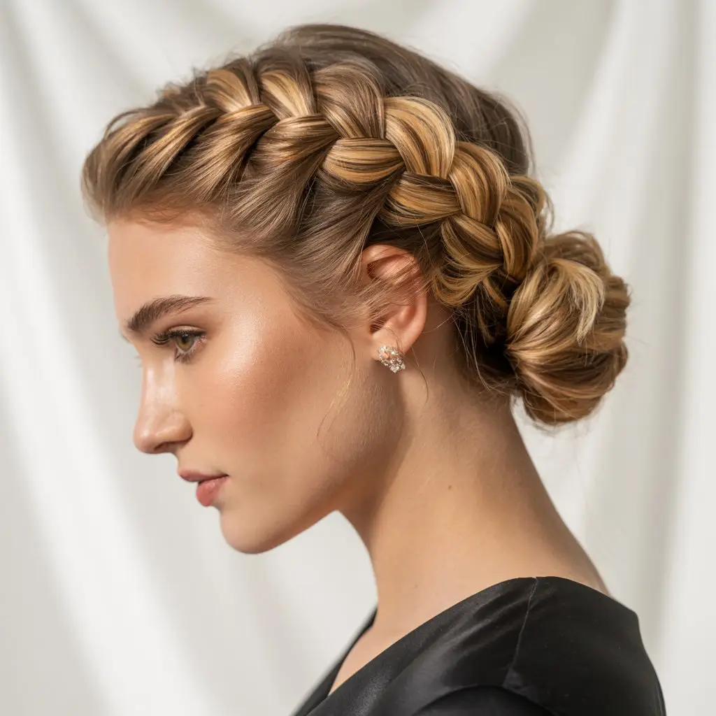 18 Relaxed Yoga Hairstyles: Low-Maintenance Styles with a Calm and Comfy Vibe 7 #6. Crown Braid with Low Knot Twist