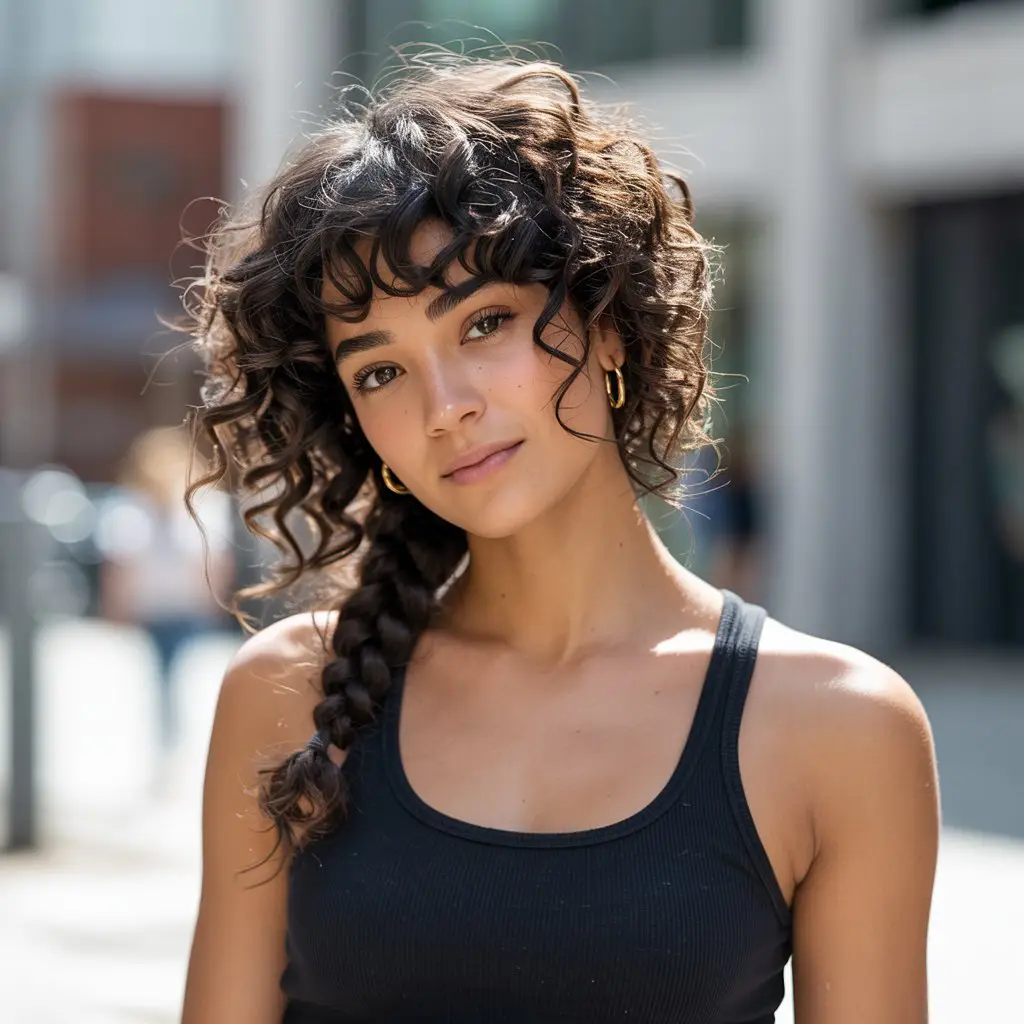 17 Sporty Curly Lacrosse Hairstyles: Game-Ready Looks with Flair 7 #6. Curly Side Braid with Voluminous Bangs