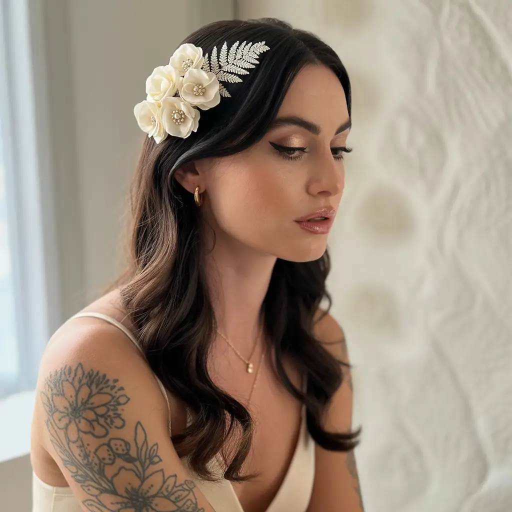 16 Graceful Wedding Hairstyles For Long Hairs: Picture-Ready Styles for Long Locks 7 #6. Glossy Curls with Garden Rose Cluster