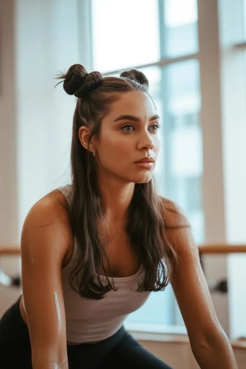16 Fresh Gym Hairstyles: Low-Fuss Hairdos That Blend Function with Flair 7 #6. Half-Up Space Buns for Playful Support